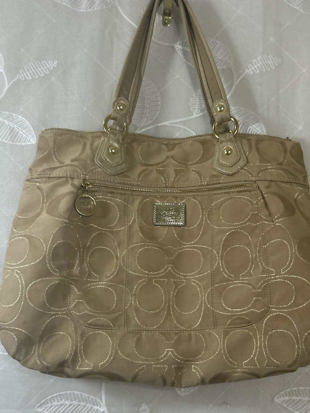 Coach Beige Signature Jacquard Tote with Gold Accents